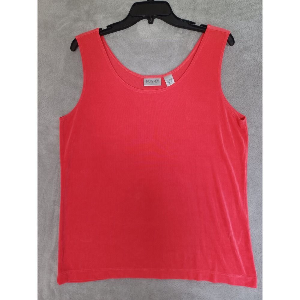 Chicos Travelers Shell Tank Top Xl Coral Orange Slinky Liquid Knit Scoop Neck‎